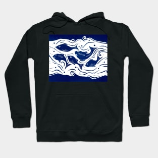 Fish Linocut in Blue and White Hoodie